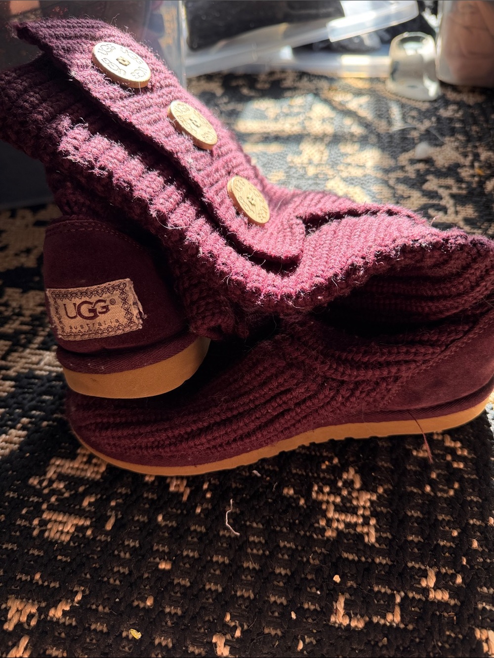 UGG Burgundy Knit Button Short Boots